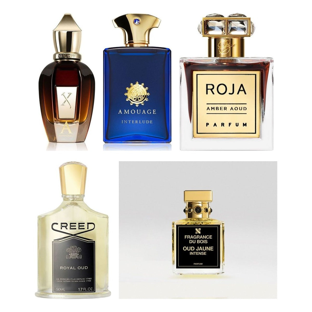 Set Descoperire Arăbești & Oud — sticlele Xerjoff Alexandria II, Amouage Interlude Man, Roja Parfums Amber Aoud, Creed Royal Oud și Fragrance Du Bois Oud Jaune Intense