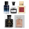 Set Descoperire Bestselleruri — sticlele Dior Sauvage, Creed Aventus, Maison Francis Kurkdjian Baccarat Rouge 540, Fragrance Du Bois Lucius Maximus și Chanel Coco Mademoiselle