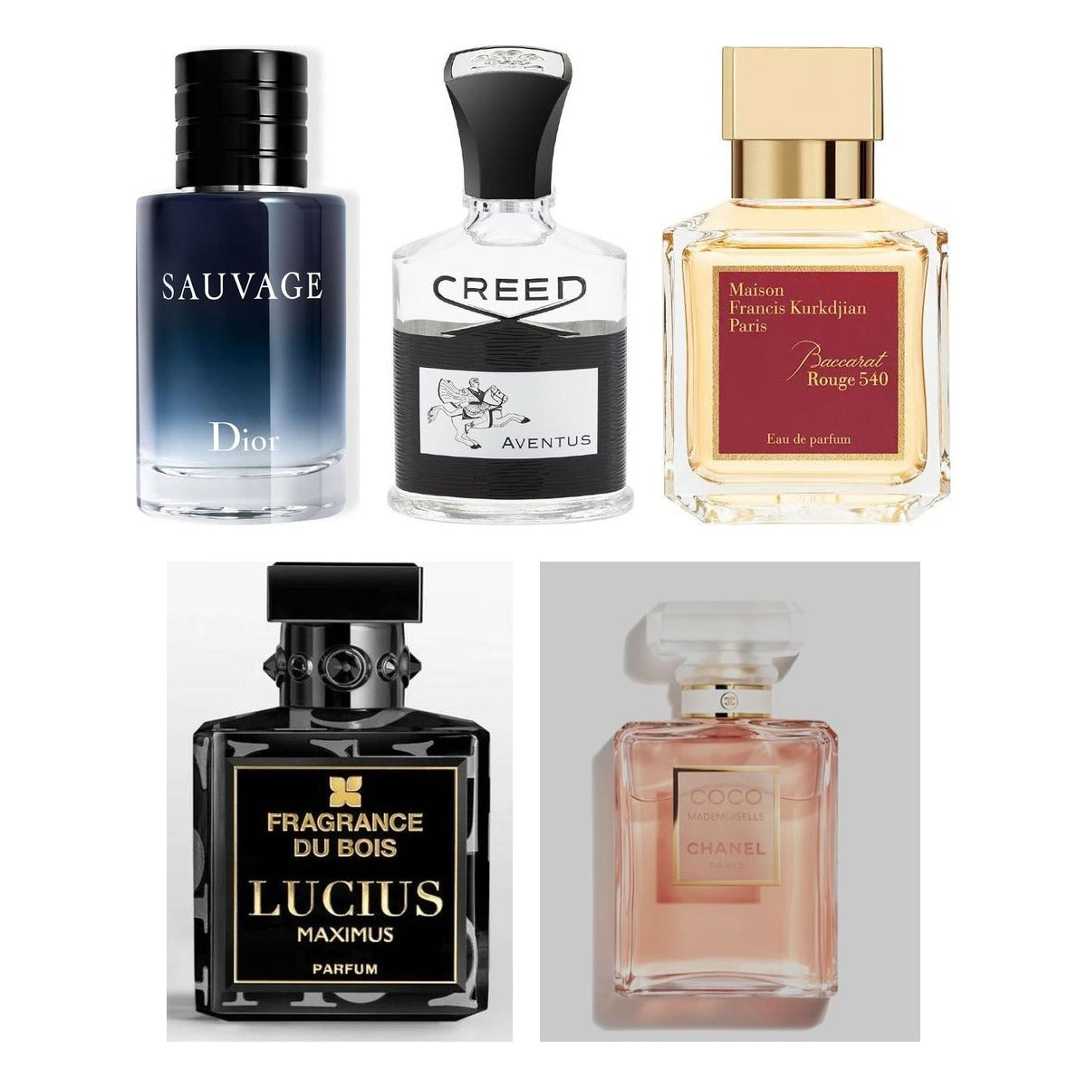 Set Descoperire Bestselleruri — sticlele Dior Sauvage, Creed Aventus, Maison Francis Kurkdjian Baccarat Rouge 540, Fragrance Du Bois Lucius Maximus și Chanel Coco Mademoiselle
