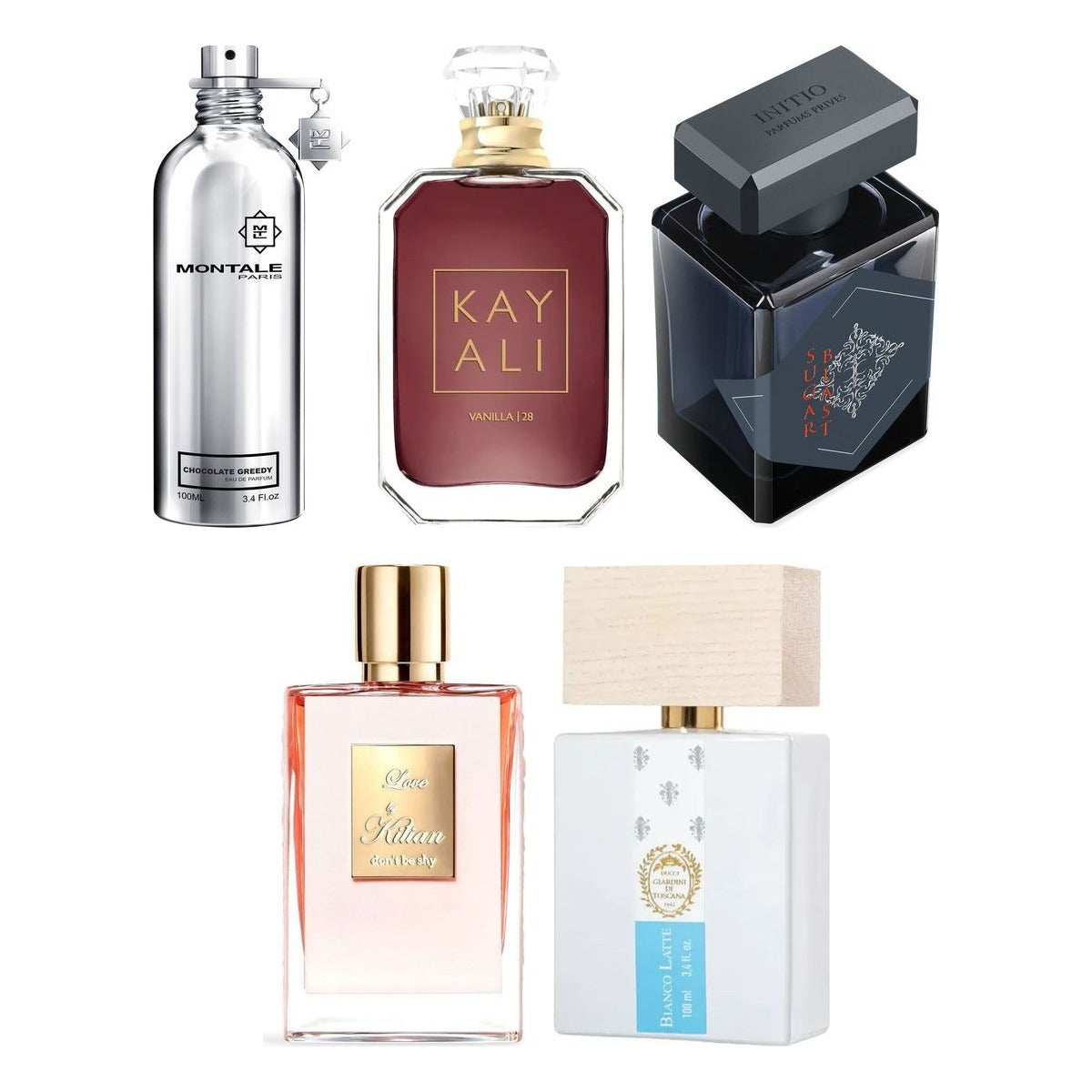Set Descoperire Dulci & Gurmande — 5 mostre de parfum a câte 3 ml: Montale Chocolate Greedy, Kayali Vanilla 28, Initio Parfums Privés Sugar Blast, By Kilian Love Don't Be Shy, Giardini di Toscana Bianco Latte
