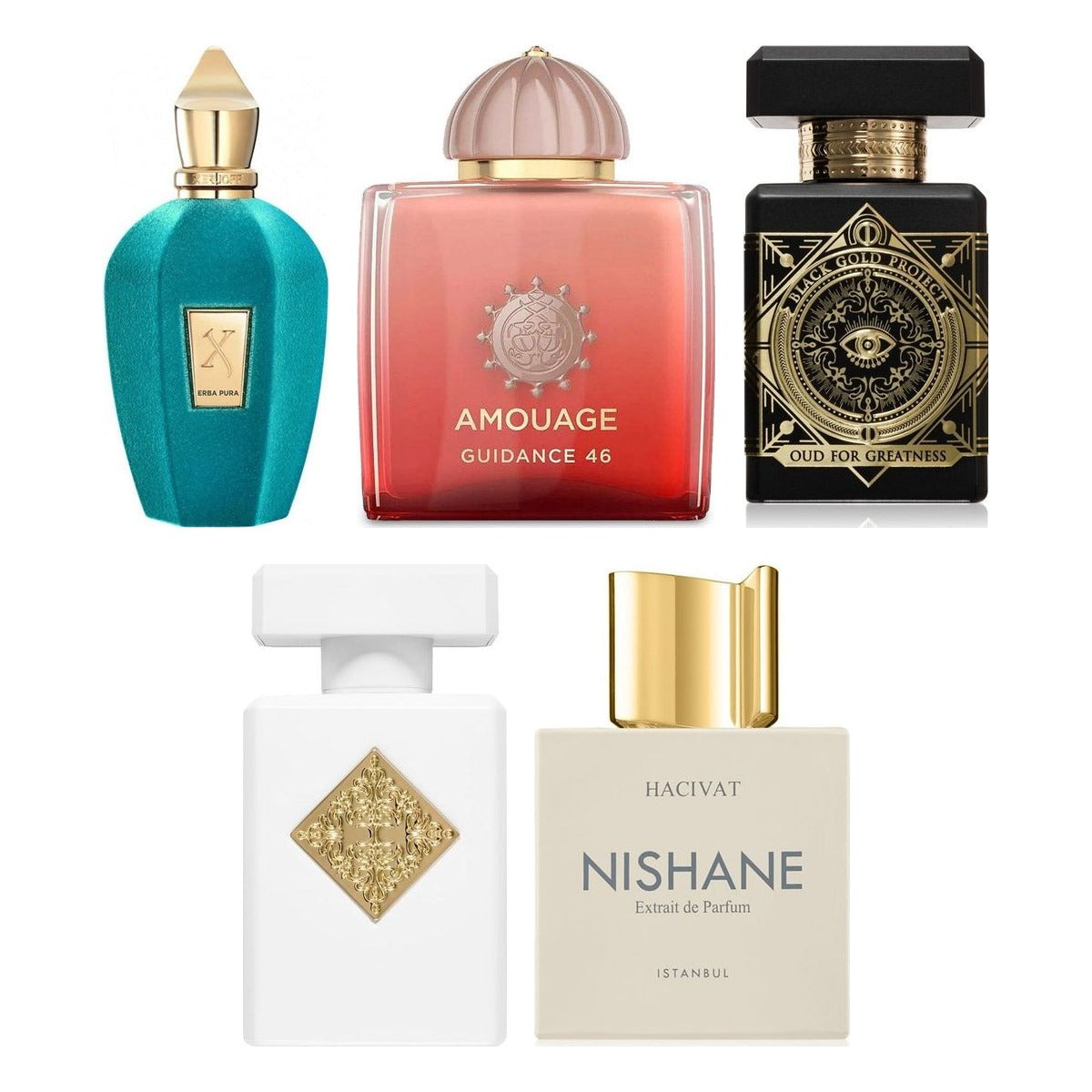Set Descoperire Nișă — sticlele Xerjoff Erba Pura, Amouage Guidance 46, Initio Oud for Greatness, Initio Musk Therapy și Nishane Hacivat