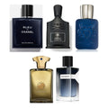 Set Descoperire Parfumuri Bărbătești — sticlele Chanel Bleu de Chanel, Creed Absolu Aventus, Parfums de Marly Layton, Amouage Jubilation XXV și YSL Y Eau de Parfum