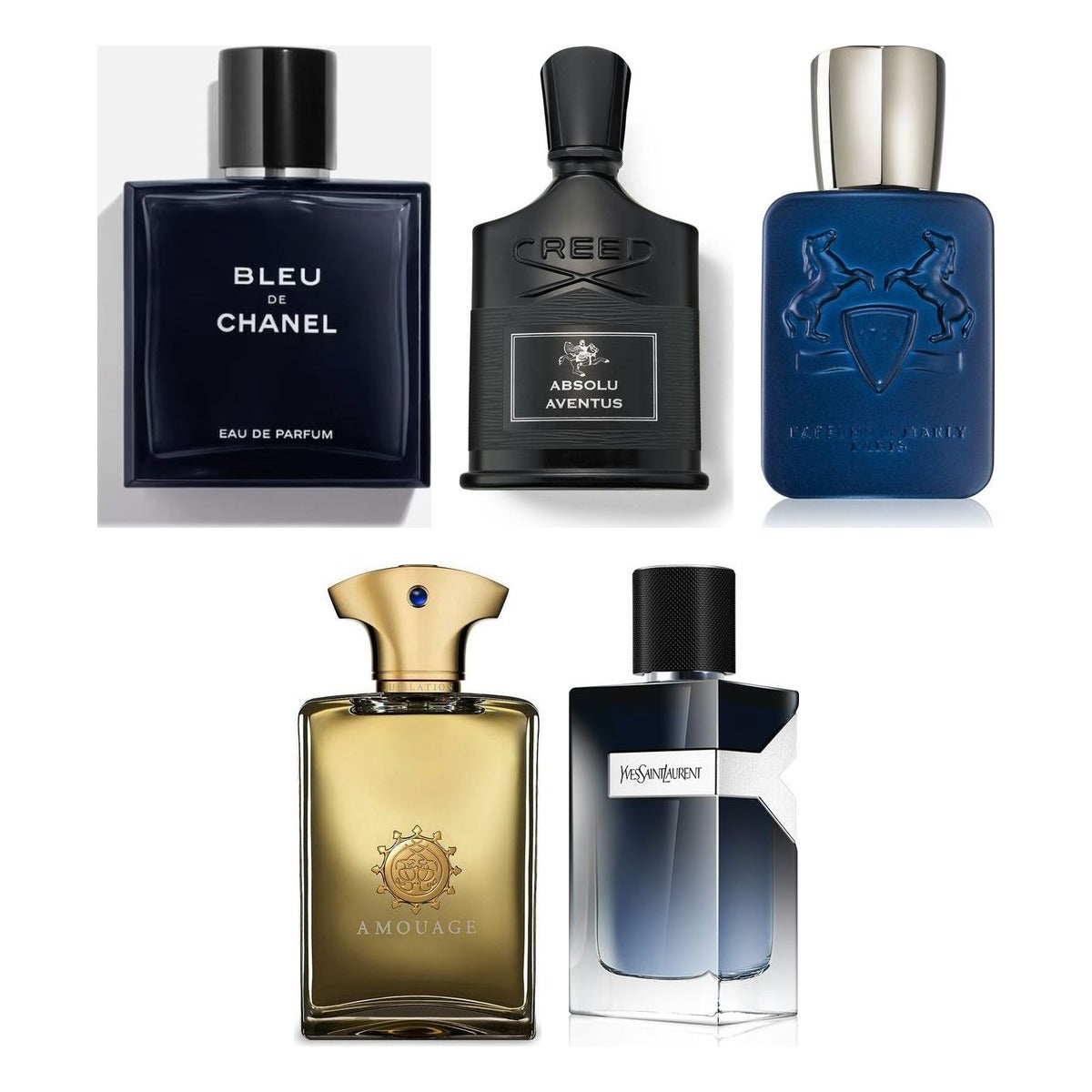 Set Descoperire Parfumuri Bărbătești — sticlele Chanel Bleu de Chanel, Creed Absolu Aventus, Parfums de Marly Layton, Amouage Jubilation XXV și YSL Y Eau de Parfum