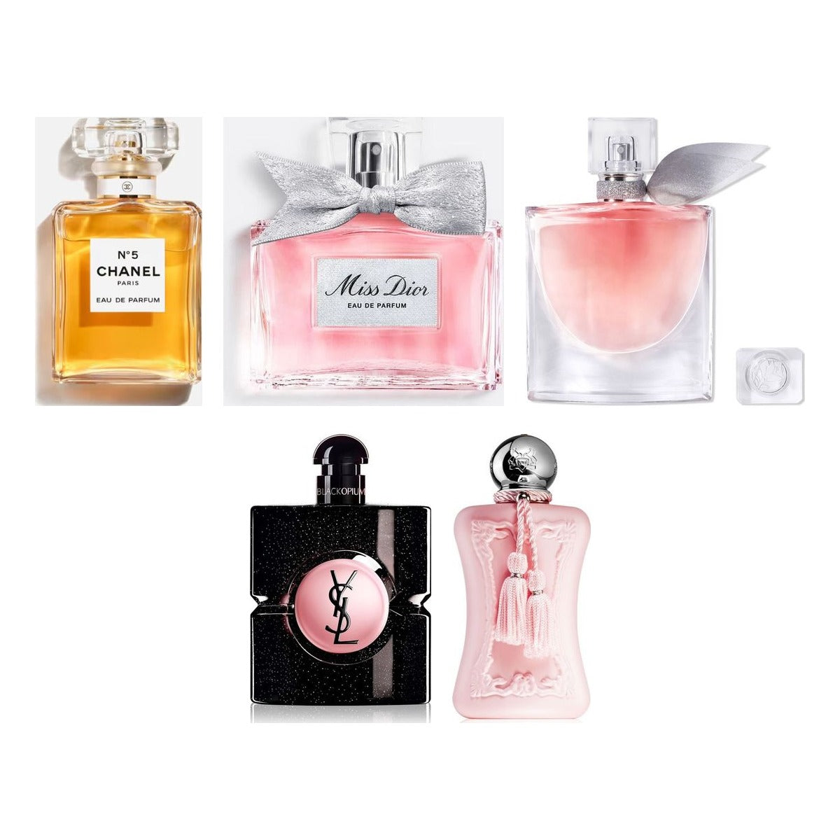 Set Descoperire Parfumuri de Damă — sticlele Chanel No 5, Dior Miss Dior, Lancôme La Vie Est Belle, YSL Black Opium și Parfums de Marly Delina