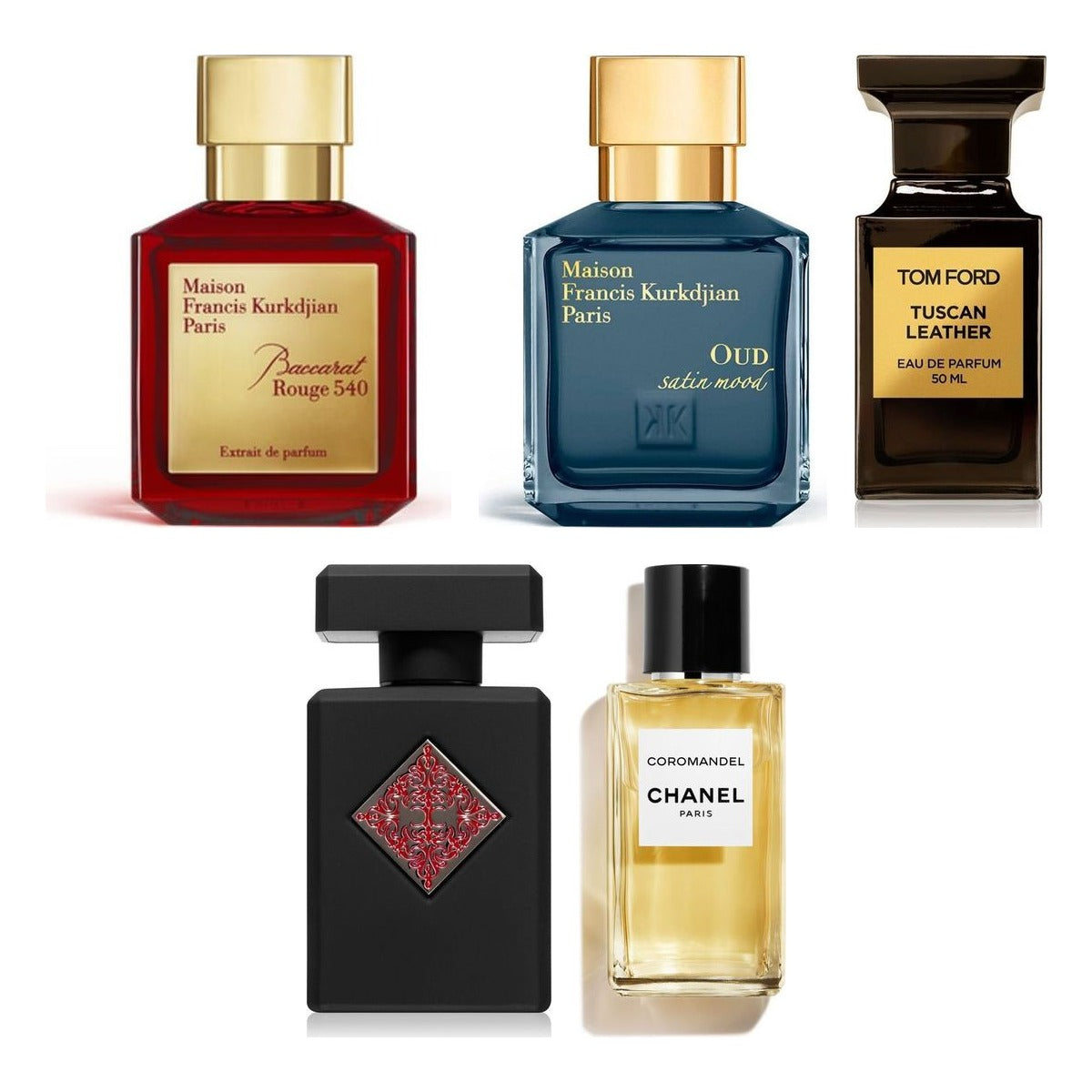 Set Descoperire Parfumuri Persistente — sticlele Maison Francis Kurkdjian Baccarat Rouge 540 Extrait, Maison Francis Kurkdjian Oud Satin Mood, Tom Ford Tuscan Leather, Initio Absolute Aphrodisiac și Chanel Coromandel